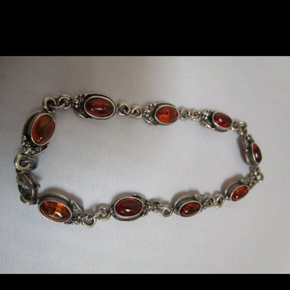 Vintage Sterling Silver & Amber Bracelet Oval Sections Links With Grapes 7 1/2" - Picture 2 of 4